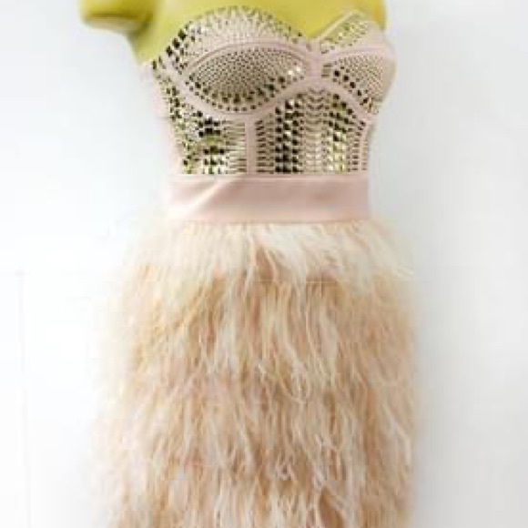 BEBE Pink feather , bodice studded cocktail dress ! Used once , Large - Picture 1 of 3